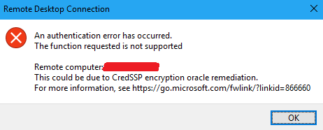 Fixed: This could be due to CredSSP encryption oracle remediation,