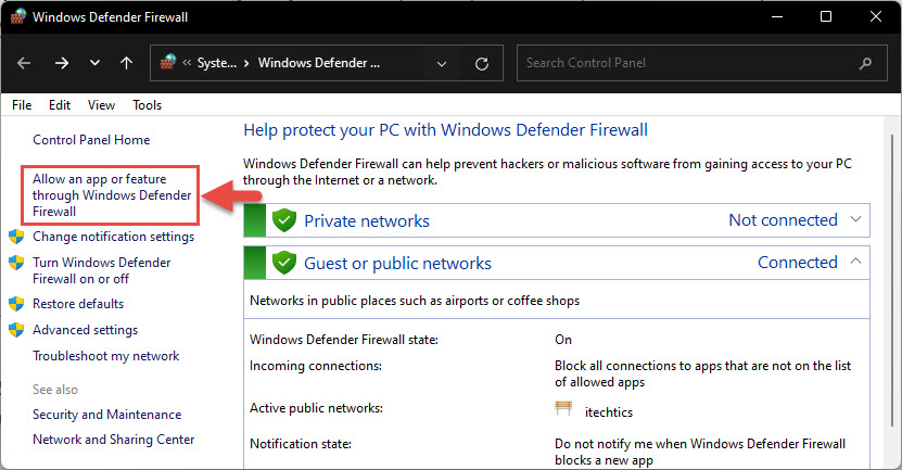 Allow an app or feature through Windows Defender Firewall