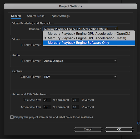 Mercury playback engine software only is selected