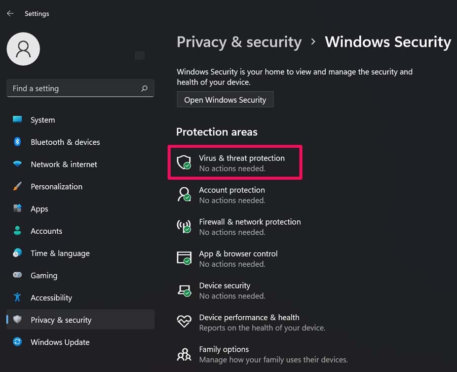 click on Virus & Threat Protection
