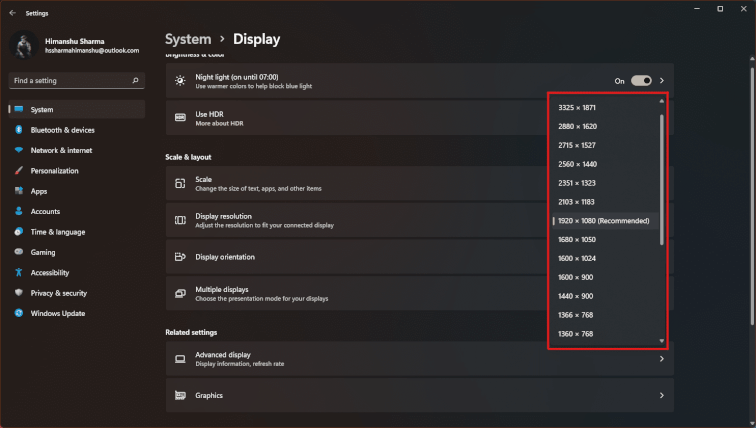 open the list of available resolutions