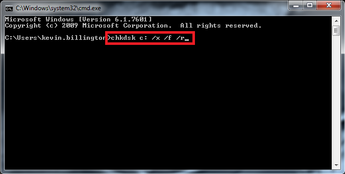 type chkdsk /f /r /x