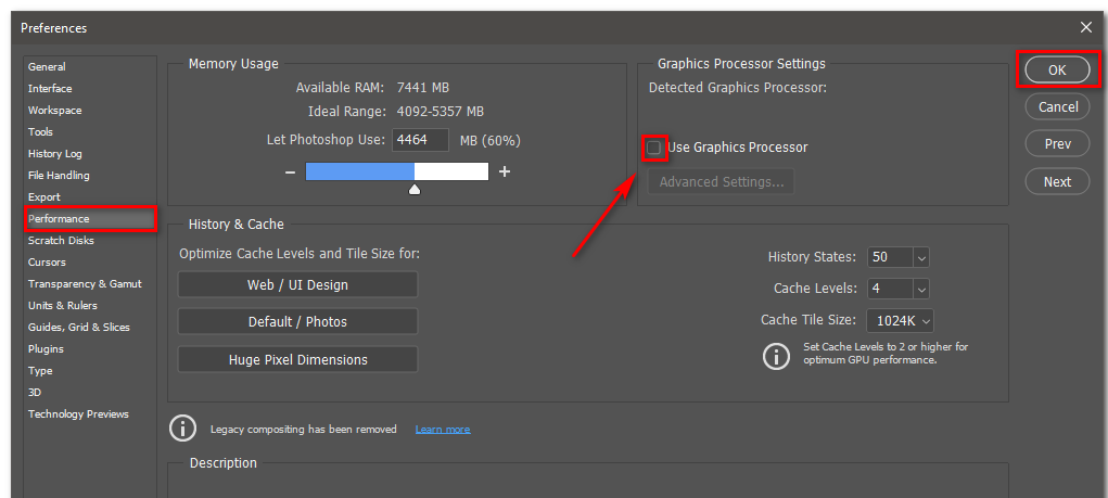Unticking “Use Graphics Processor”