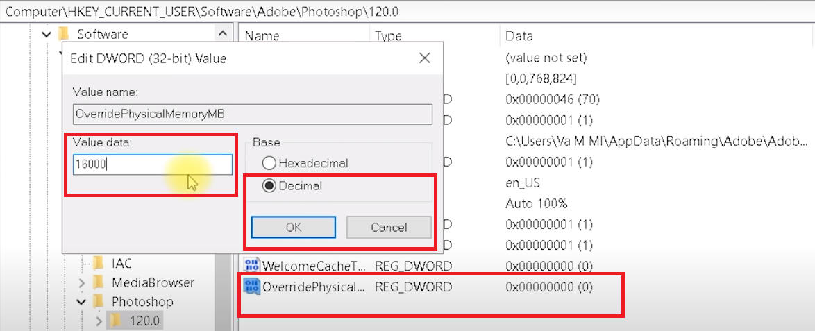 Select Decimal, Value Data enter 16000