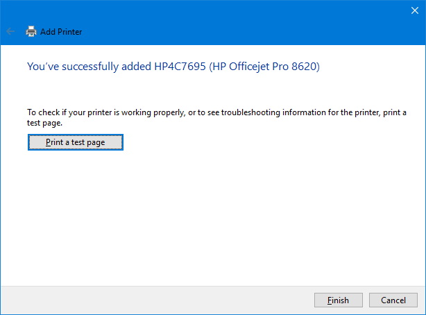 Print the test page and finish adding the printer