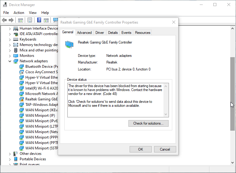 The driver for this device has been blocked