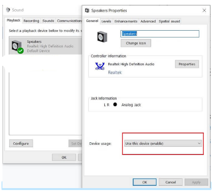 Select Use this Device in the Speakers Properties section