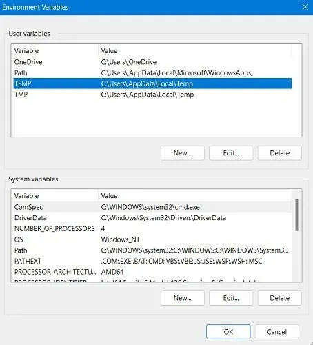 Temp and Tmp folder paths