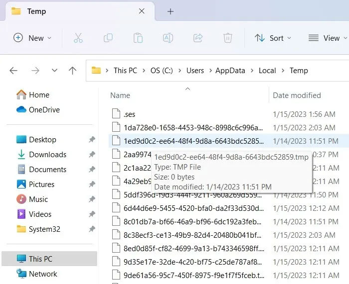 Temporary folder view on Windows PC